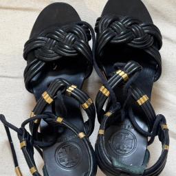 Tory Burch Criss Cross Strap Ankle Sandals Black Leather